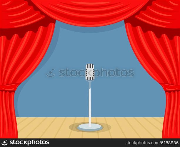 Cartoon theater with microphone. Theater open curtain. Open theater curtain with microphone. Red silk side scenes on stage. Stock vector