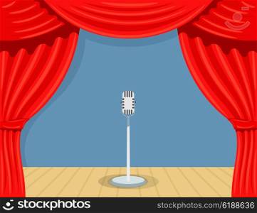 Cartoon theater with microphone. Theater open curtain. Open theater curtain with microphone. Red silk side scenes on stage. Stock vector