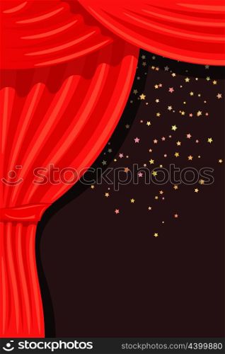 Cartoon theater with open curtain and rays of spotlights, falling stars. Color illustration &#xA;theater. Stock vector illustration