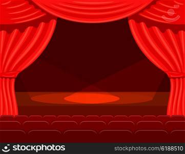 Cartoon theater with spotlights beams. Theater curtain with spotlights beams. Open theater curtain. Red silk side scenes on stage. Stock vector
