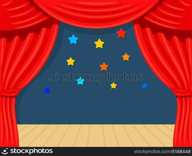 Cartoon theater with star. Theater curtain on a white background. The scene of the theater, the spectacle. Red silk side scenes on stage. Stock vector
