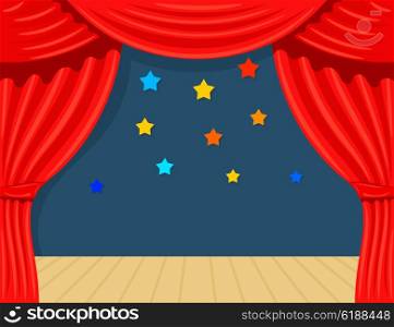 Cartoon theater with star. Theater curtain on a white background. The scene of the theater, the spectacle. Red silk side scenes on stage. Stock vector