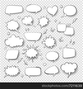 Cartoon thought bubble set. comic empty talk and speech balloons or clouds for fun discussion message vector bubbly texting talking messages cloud symbols. Cartoon thought bubble set. comic empty talk and speech balloons or clouds for fun discussion message vector symbols