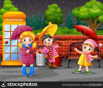 Cartoon three girl carrying umbrella under the rain in the city park