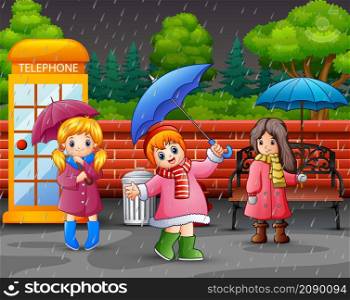 Cartoon three girl carrying umbrella under the rain in the city park