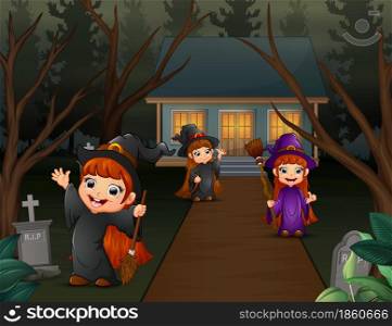 Cartoon three long haired witch children