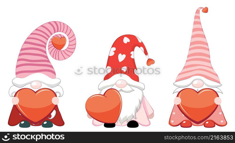 Cartoon three Valentine&rsquo;s day gnomes with red hearts illustration.