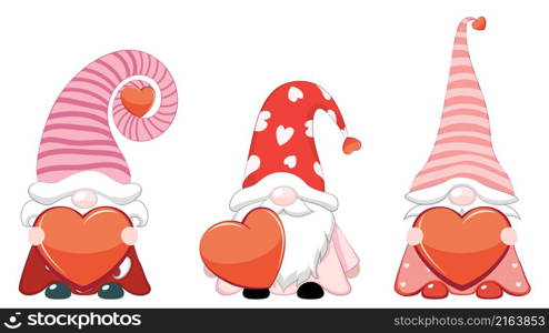 Cartoon three Valentine&rsquo;s day gnomes with red hearts illustration.