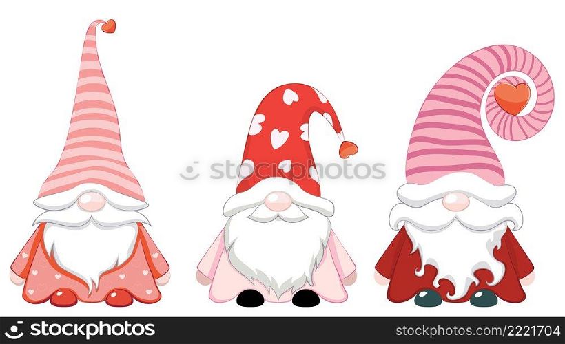 Cartoon three Valentine’s day gnomes with red hearts illustration.