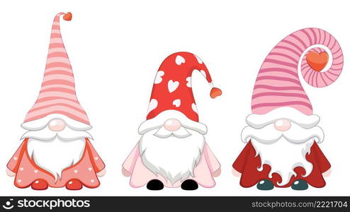 Cartoon three Valentine’s day gnomes with red hearts illustration.