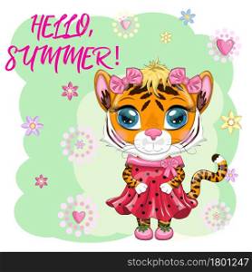 Cartoon tiger girl in a dress. Fashionista, trend. Summer is coming. Children&rsquo;s style, sweetheart. Symbol of the New Year 2022. Cute cartoon tiger girl with beautiful eyes in a dress. Chinese New Year 2022, Christmas Year of the Tiger