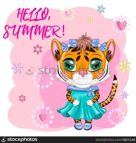 Cartoon tiger girl in a dress. Fashionista, trend. Summer is coming. Children&rsquo;s style, sweetheart. Symbol of the New Year 2022. Cute cartoon tiger girl with beautiful eyes in a dress. Chinese New Year 2022, Christmas Year of the Tiger