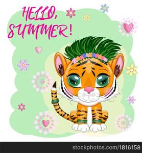 Cartoon tiger hula dancer. Hawaii, Vacation, Sea. Summer is coming. Children&rsquo;s style, sweetheart. Symbol of the New Year 2022. Cartoon tiger hula dancer. Hawaii, Vacation, Sea, Vacation. Summer is coming. Children&rsquo;s style, sweetheart. Symbol of 2022