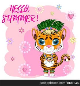 Cartoon tiger hula dancer. Hawaii, Vacation, Sea, Vacation. Summer is coming. Children&rsquo;s style, sweetheart. Symbol of the New Year 2022. Cartoon tiger hula dancer. Hawaii, Vacation, Sea, Vacation. Summer is coming. Children&rsquo;s style, sweetheart. Symbol of 2022