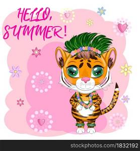 Cartoon tiger hula dancer. Hawaii, Vacation, Sea, Vacation. Summer is coming. Children&rsquo;s style, sweetheart. Symbol of the New Year 2022. Cartoon tiger hula dancer. Hawaii, Vacation, Sea, Vacation. Summer is coming. Children&rsquo;s style, sweetheart. Symbol of 2022