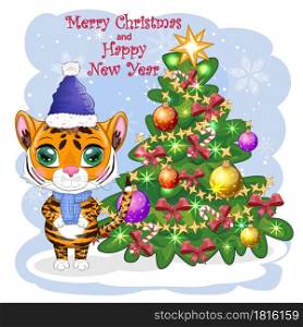 Cartoon tiger in a hat and scarf near the Christmas tree. Children&rsquo;s style, sweetheart. The symbol of the New Year 2022. Greeting card. Cartoon tiger in a hat and scarf near the Christmas tree. Children&rsquo;s style, sweetheart. The symbol of the New Year 2022. Greeting