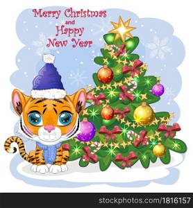 Cartoon tiger in a hat and scarf with a gift near the Christmas tree. Winter time. Children&rsquo;s style, sweetheart. Happy New Year 2022 and Merry Christmas. greeting card. Cartoon tiger in a hat and scarf with a gift near the Christmas tree. Winter time. Children&rsquo;s style, sweetheart. Happy New Year 2022 and Merry Christmas.