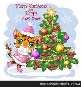 Cartoon tiger in a hat, fur coat, skating near the Christmas tree. Children&rsquo;s style, sweetheart. The symbol of the New Year 2022. Greeting card. Cartoon tiger in a hat, fur coat, skating near the Christmas tree. Children&rsquo;s style, sweetheart. The symbol of the New Year 2022. Greeting