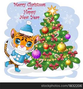 Cartoon tiger in a hat, fur coat, skating near the Christmas tree. Children&rsquo;s style, sweetheart. The symbol of the New Year 2022. Greeting card. Cartoon tiger in a hat, fur coat, skating near the Christmas tree. Children&rsquo;s style, sweetheart. The symbol of the New Year 2022. Greeting