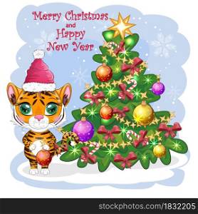 Cartoon tiger in a santa hat with a ball near the christmas tree. Children&rsquo;s style, cute. Symbol of the year 2022. Greeting card. Cartoon tiger in a santa hat with a ball near the christmas tree. Children&rsquo;s style, cute. Symbol of the year 2022.