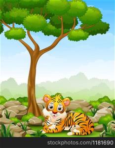 Cartoon tiger lay down in the jungle