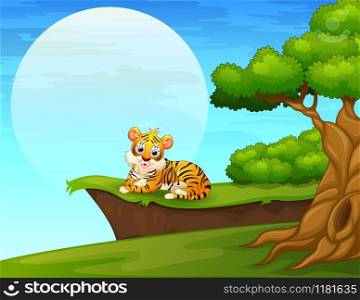 Cartoon tiger lay down near the cliff