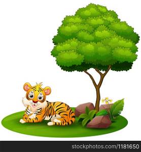 Cartoon tiger lay down under a tree on a white background