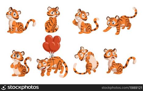 Cartoon tiger. Little funny kids character for New 2022 Year. Adorable happy striped animal posing with smile. Cute creature expressions. Kitty mascot flying on balloons. Vector wild kittens set. Cartoon tiger. Little funny character for New 2022 Year. Adorable happy animal posing with smile. Cute creature expressions. Kitty mascot flying on balloons. Vector wild kittens set