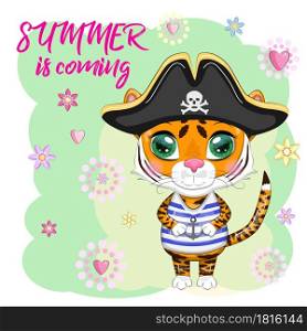 Cartoon tiger pirate in a striped T-shirt, cocked hat, with an eye patch. Hawaii, Vacation, Sea. Summer is coming. Children&rsquo;s style, sweetheart. Symbol of the New Year 2022. Cartoon tiger pirate in a striped T-shirt, cocked hat, with an eye patch. Summer is coming. Children&rsquo;s style, sweetheart. Symbol of the New Year 2022
