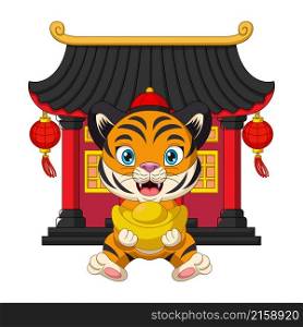 Cartoon tiger sitting in front chinese building