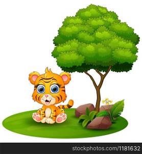 Cartoon tiger sitting under a tree on a white background