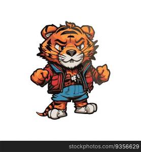 Cartoon tiger sticker. Cute tiger mascot. Vector illustration.