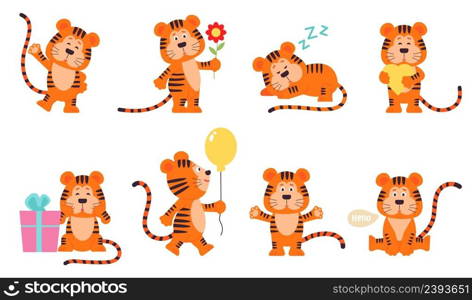 Cartoon tiger. Striping red little tigers, funny children wild characters. Isolated new year emblem celebration, funny animal wit balloon decent vector set. Illustration of tiger, striped funny. Cartoon tiger. Striping red little tigers, funny children wild characters. Isolated new year emblem celebration, funny animal wit balloon decent vector set