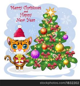 Cartoon tiger wearing a santa hat holding a gift by the christmas tree. Children&rsquo;s style, sweetheart. Symbol of the year 2022. Greeting card. Cartoon tiger wearing a santa hat holding a gift by the christmas tree. Children&rsquo;s style, sweetheart. Symbol of the year 2022. Greeting