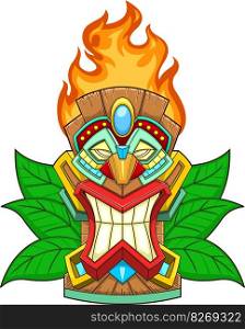 Cartoon Tiki Tribal Wooden Mask With Flames And Leaves. Vector Hand Drawn Illustration Isolated On Transparent Background