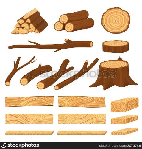 Cartoon timber. Pine wood timbers, planks stacks and old firewood objects. Lumbers pile, forest stumps and log tree trunks recent vector set. Forest rough and log material, oak pile. Cartoon timber. Pine wood timbers, planks stacks and old firewood objects. Lumbers pile, forest stumps and log tree trunks recent vector set