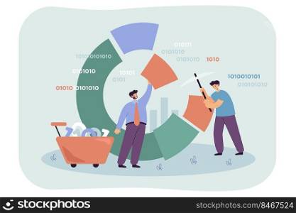 Cartoon tiny characters standing near diagram and collecting information using pick and cart. Process of software analysis, diagram research flat vector illustration. Data mining industry concept
