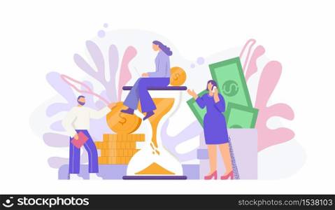 Cartoon tiny people work together with hourglass vector flat illustration. Focused business person use laptop and talk smartphone surrounded by cash and coin. Time money concept isolated. Cartoon tiny people work together with hourglass vector flat illustration