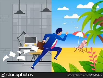 Cartoon Tired, Exhausted, Overworked Businessman in Suit Escaping Job and Hurrying to Rest on Tropical Beach. Vector Creative Illustration with Dark Office Part and Sunny Tropical Island. Tired Businessman Escapes Job and Hurries to Rest