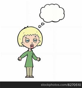 cartoon tired woman with thought bubble