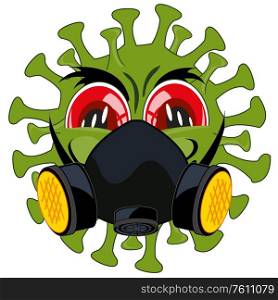 Cartoon to bacterias coronavirus in defensive mask respirator. Bacteria coronavirus in respirator on white background is insulated