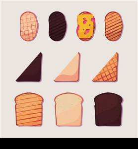 Cartoon toasts. French breads fresh sliced cooking delicious snacks for breakfast garish vector flat pictures collection. Bread toast and bakery food illustration. Cartoon toasts. French breads fresh sliced cooking delicious snacks for breakfast garish vector flat pictures collection