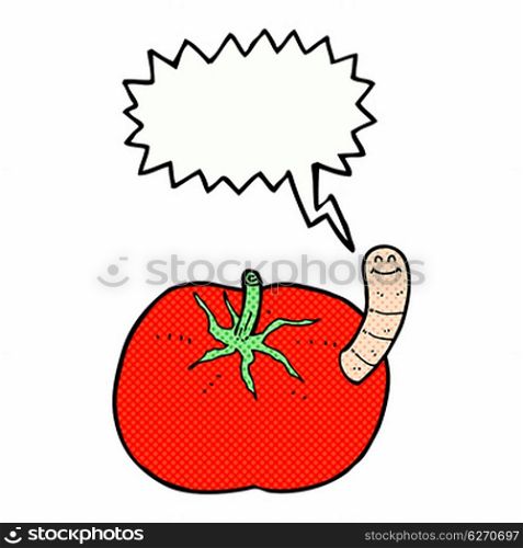 cartoon tomato with worm with speech bubble