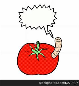 cartoon tomato with worm with speech bubble