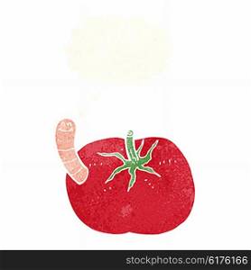 cartoon tomato with worm with thought bubble
