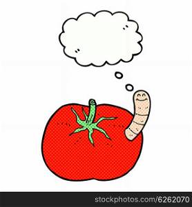 cartoon tomato with worm with thought bubble