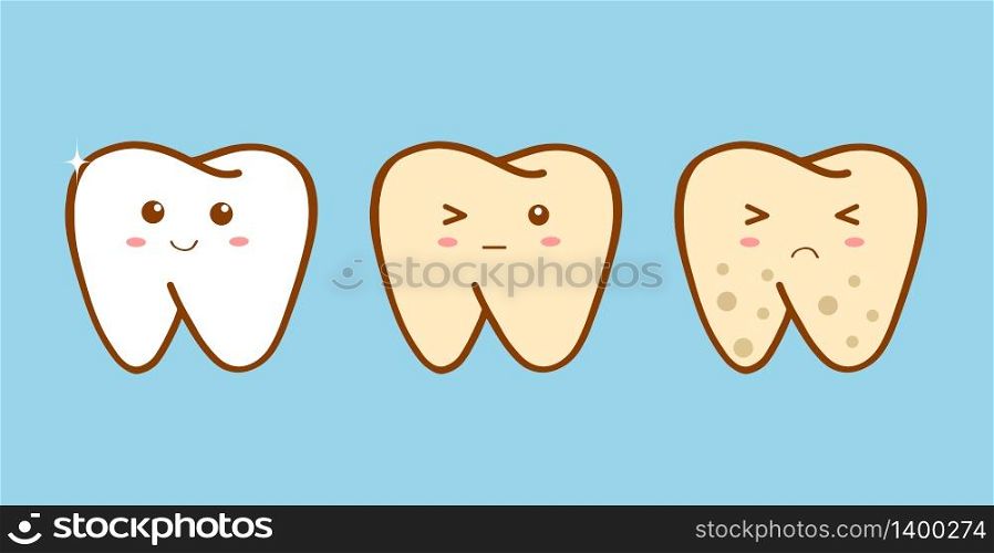 Cartoon tooth before and after cleaning or whitening. Dentistry illustration for kids. Comparison concept. Ill and healthy. Dental procedures.. Cartoon tooth before and after cleaning or whitening. Dentistry illustration for kids. Comparison concept. Ill and healthy teeth. Dental procedures.