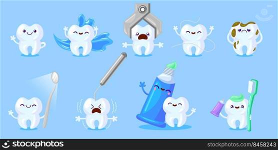 Cartoon tooth care set. Happy funny tooth with toothbrush, paste, floss, sad molar with cavity or dental tool. Vector illustration for dental care, dentist visiting, hygiene concept