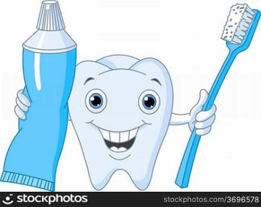 Cartoon Tooth Character holding toothbrush and toothpaste
