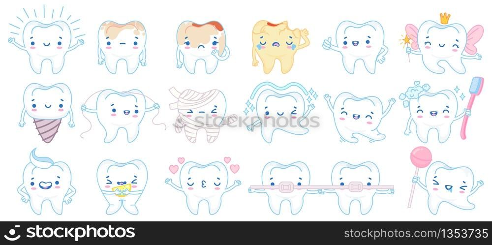 Cartoon tooth mascot. Happy smiling teeth treatment characters, toothpaste and toothbrush. Dental mascots vector illustration set. Toothache cleaning floss, hygiene toothbrush. Cartoon tooth mascot. Happy smiling teeth treatment characters, toothpaste and toothbrush. Dental mascots vector illustration set